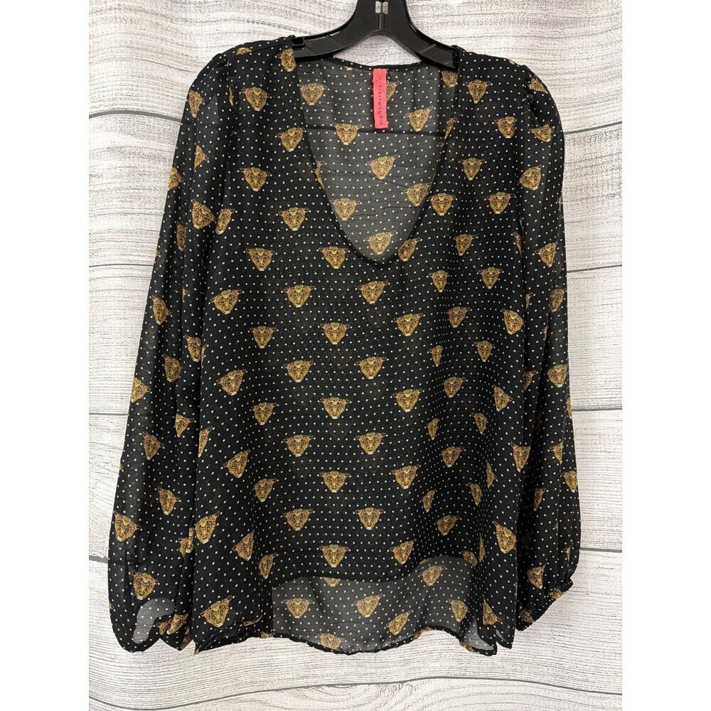 Eight Sixty Black Sheer Blouse With Leopard & Polka Dot Size L